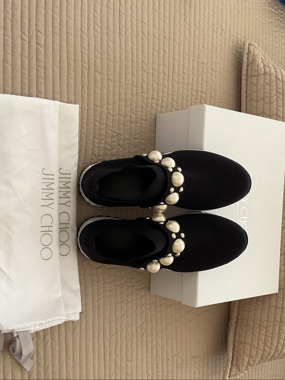 Jimmy Choo Black Slip-On Sneakers with Pearl Embellishments